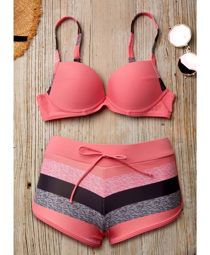 Spaghetti Strap Printed Pink Two Piece Swimwear